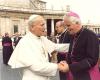Pope John Paul II and Archbishop MacNeil (present for Ad Limina visit) shaking hands in St. Peter's Square, Rome
